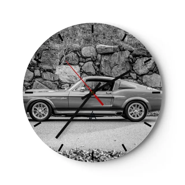 Modern Wanduhr 40x40cm Rund Analog Glasuhr Auto Ford Mustang Art Glas Deko