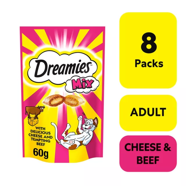 8 x 60g Dreamies Mix Adult Cat Treats Cheese & Beef Cat Biscuits 480g