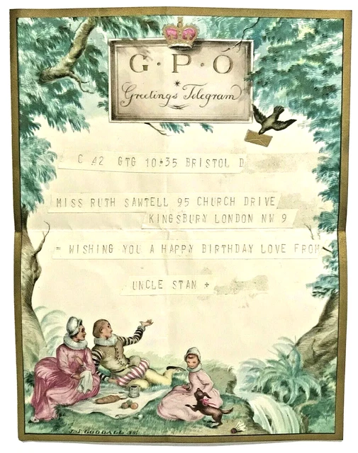 Vintage GPO Greetings Telegram Beautiful J.S Goodall Art With Envelope 1950s
