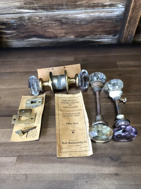3 Sets Of Vintage Antique Crystal Glass Door Knobs With Spindles
