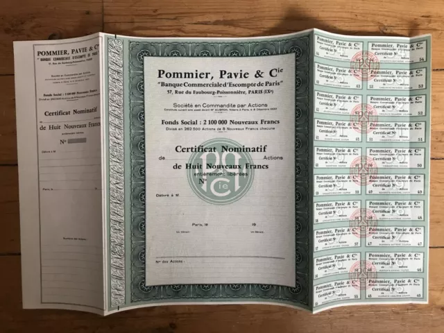 POMMIER, PAVIE & Cie, "Banque Commerciale d'Escompte de Paris" (A)