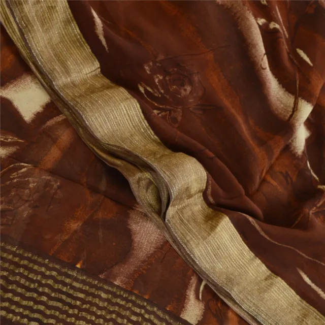 Sanskriti Vintage Saree Brown Pure Georgette Silk Print Zari Border Sari Fabric