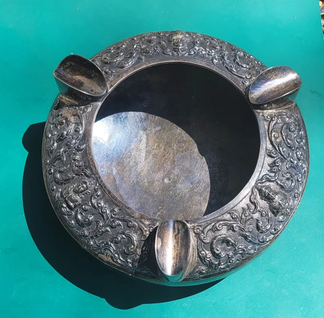 Antique Thailand Buddha Repousse Sterling Silver Ashtray 1930's