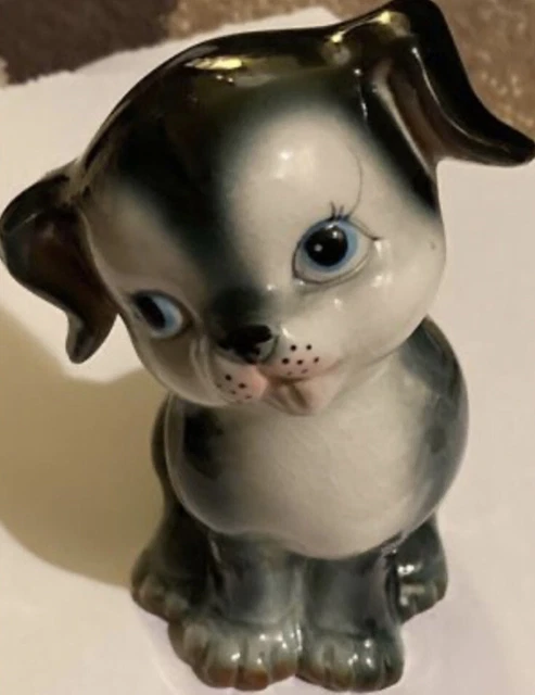 Vintage Ceramic Dog/Puppy Figurine Grey/White Marked Japan on Bottom