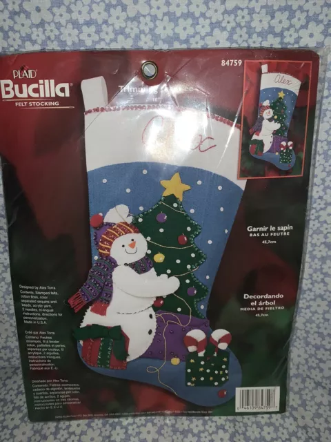 Bucilla 18"" Filzstrumpfset - Trimmen des Baumes Schneemann - Vintage 2002 - Neu