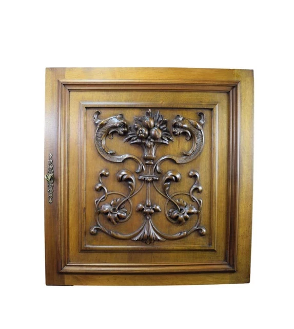 Antique French Hand Carved Solid Wood Door  Griffin Chimera Fruit Basket Carving