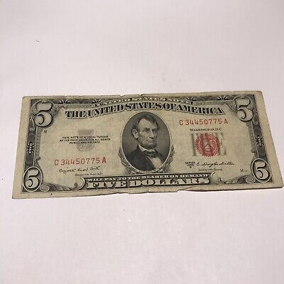 1953B $5 FIVE DOLLAR BILL UNITED STATES RED SEAL NOTE   1953 B (rare)