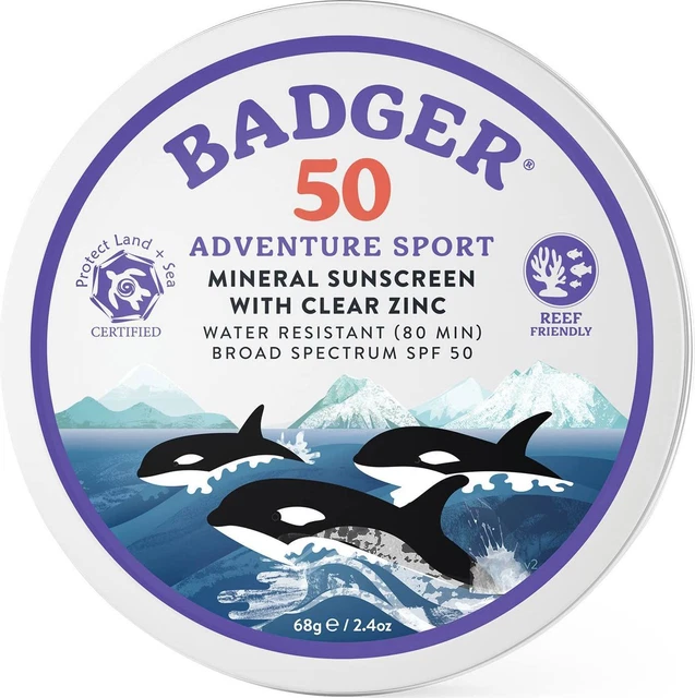 Crema de protector solar mineral FPS 50 Adventure Sport de Badger, 2,4 oz estaño