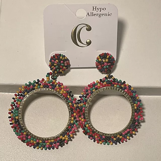 Charming Charlie Gold tone Multicolor Beaded Hoop Earrings Hypoallergenic 2.5"