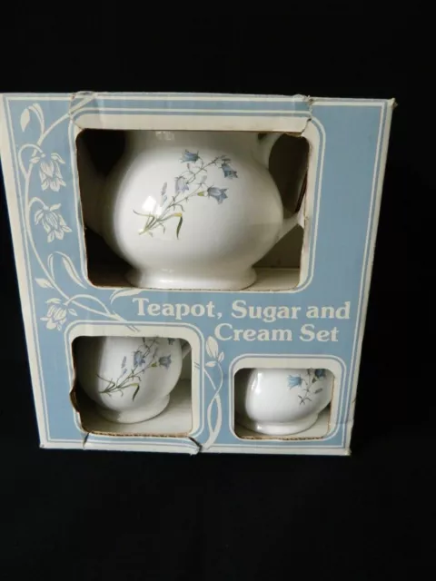 Boxed Unused Pretty Blue Floral Harebell Sadler Teapot, Sugar and Cream Set