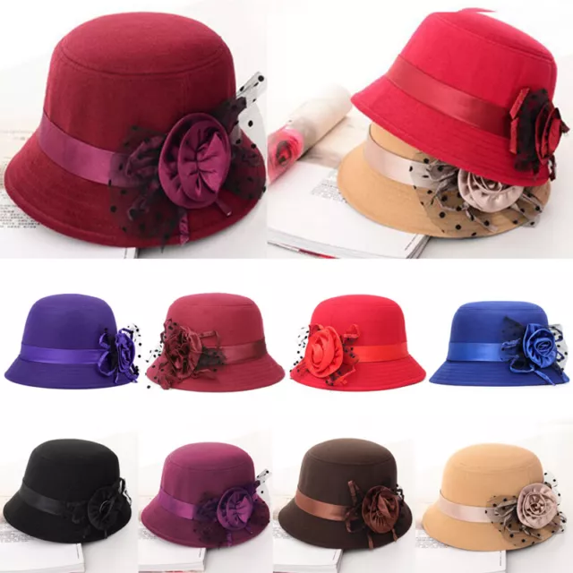 Women Retro Wool Felt Bucket Cap Ladies Flower Cloche Church Bowler Hats Winter