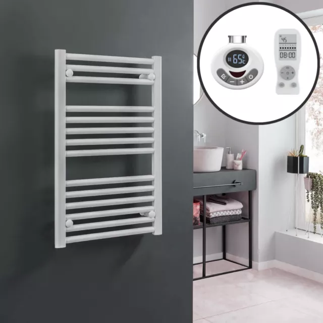 Bellerby Straight White Thermostatic Electric Heated Towel Rail + Timer & Remote