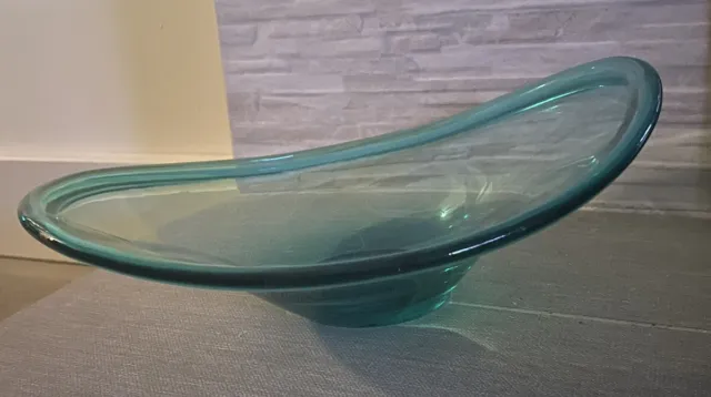 Vintage Scandinavian Art Glass Free Form Sea Foam Blue Vintage Curved Dish 10x8”
