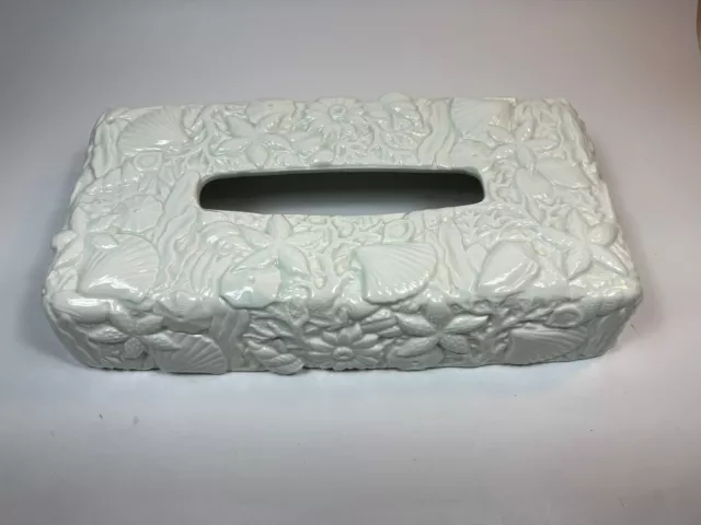 Beach Tissue Box Cover Sea Shells Beach Nautical White Ceramic Rectangle Coastal