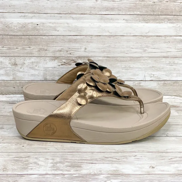 Fitflop Lulu Sandal Womens 9 Shoes Floral Bronze Leather Thong Flip Flop Wedge
