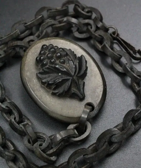 Antique Victorian Carved Grapes Vulcanite Chain Link Necklace