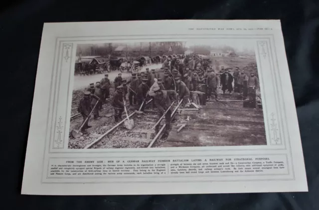 1915 WWI PHOTO PRINT 'German Pioneer Troops lay a Strategic Railway' 10.5" x 8"