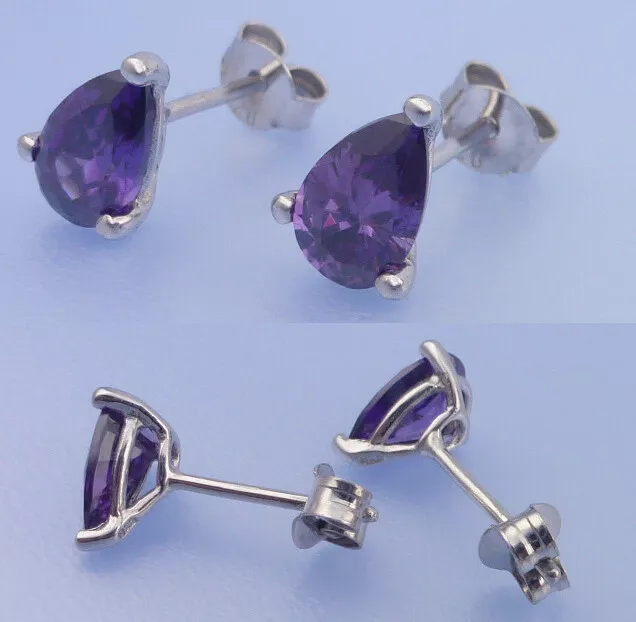 Echt 925 Silber Ohrstecker mit violetten Zirkonia tropfenförm violett Paar Tropf