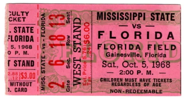 1968 FLORIDA GATORS vs MISSISSIPPI STATE BULLDOGS ticket stub 10/5/68