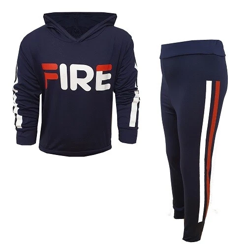 NEW Girls Kids Fire Outfit Top Leggings Tracksuit Navy Age 6 7 8 9 10 11 12 13