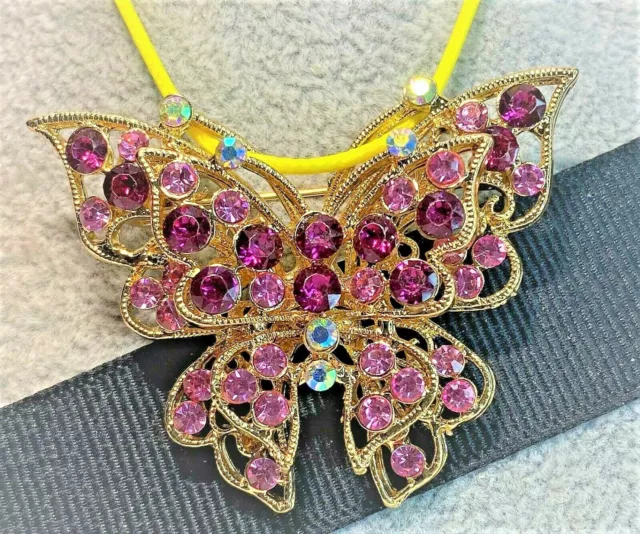 Betsey Johnson  Brooch A Gold Butterfly Crystals Free Leather Choker Cord Neck