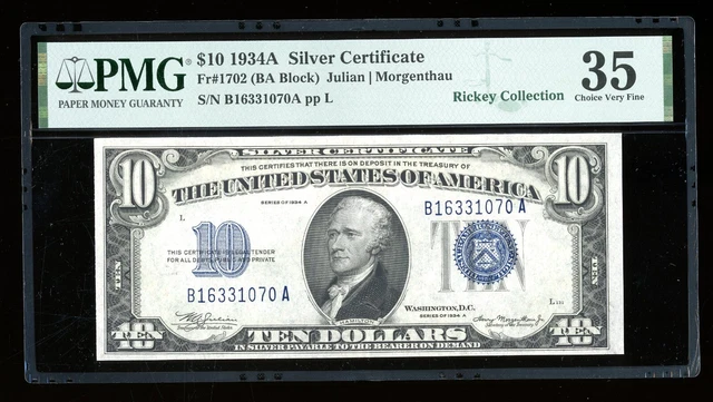 DBR 1934-A $10 Silver Fr. 1702 PMG 35 Serial B16331070A