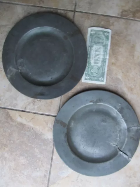 PAIR RARE MATCHING IDENTIFIED Antique 1760 Colonial 9+" Pewter Plates, Rev. War
