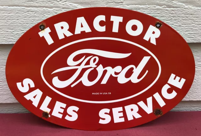 Vintage 1959 Dated Ford Tractor Sales Service 16.5” Porcelain Dealer Sign