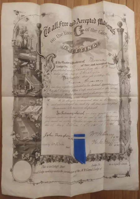 USA 1885 Michigan Giant Size Masonic Old Antique Document