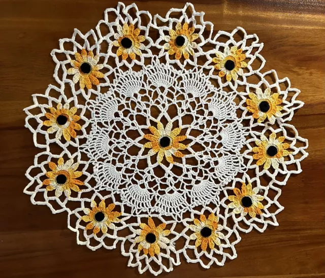 Crochet Doily 17” Floral Design Yellow Flowers Sunflower Black Eyed Susan