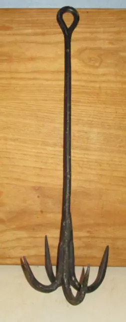 Antique Blacksmith Hammered Hand Forged Wrought Iron 4 Prong Meat Hook