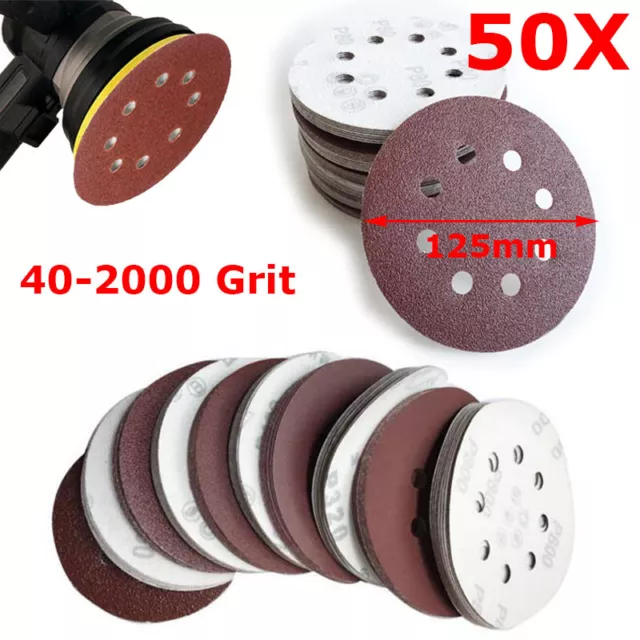 50PCS 125mm Sanding Discs 5 inch Sandpaper Pad Hook and Loop 8 Hole 40-2000 Grit