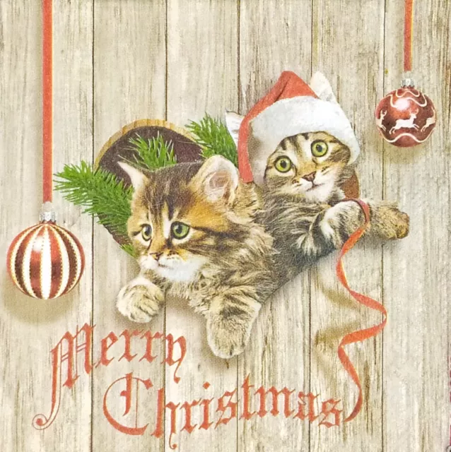 S481# 3 x Single SMALL Paper Napkins Decoupage Christmas Kittens Cats In Heart