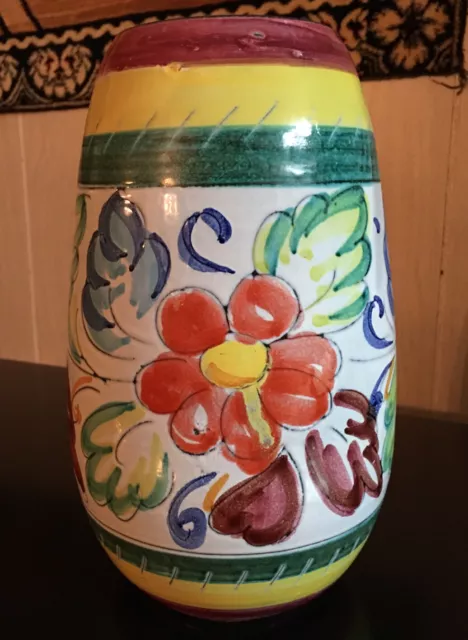 Vintage 1979 Italian Majolica Pottery Vase Hand Painted Floral Italy 10”