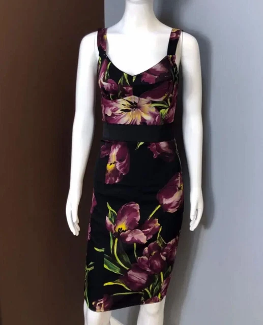 AUTH Dolce & Gabbana purple tulips printed bustier black dress 42 it AUTH Dolce & Gabbana purple tulips printed bustier black dress 42 it