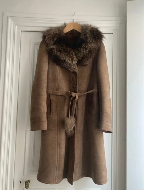Manteau Vintage Femme - Cuir Et Col Fourrure, Taille 40, Marron, Fabriqué En France