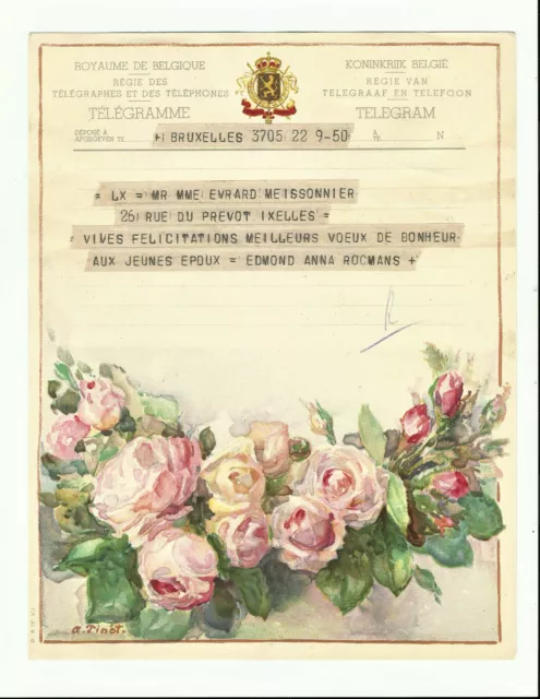 ANCIEN TELEGRAMME illustré, Belgique, 1942, roses,  signé A.Tinot, voeux mariage