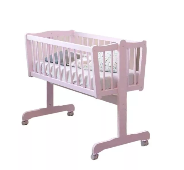 Babybett Babywiege Stubenwagen Kinderbett Rosa mit Matratze, Rollen, Massivholz