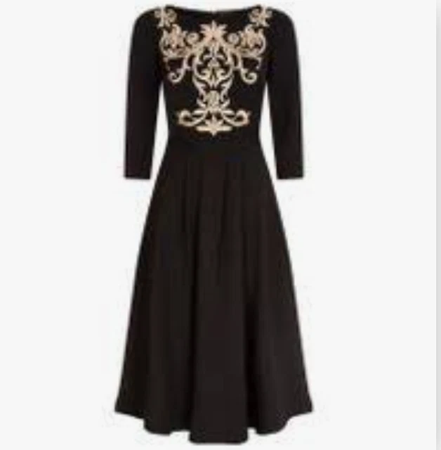 ted baker black dress gold embroidery Nouveau Print Tie Neck Long Sleeve Mini Dress | Molma main image 0