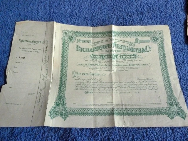 Richardson Westgarth Newcastle 1900 Share Certificate