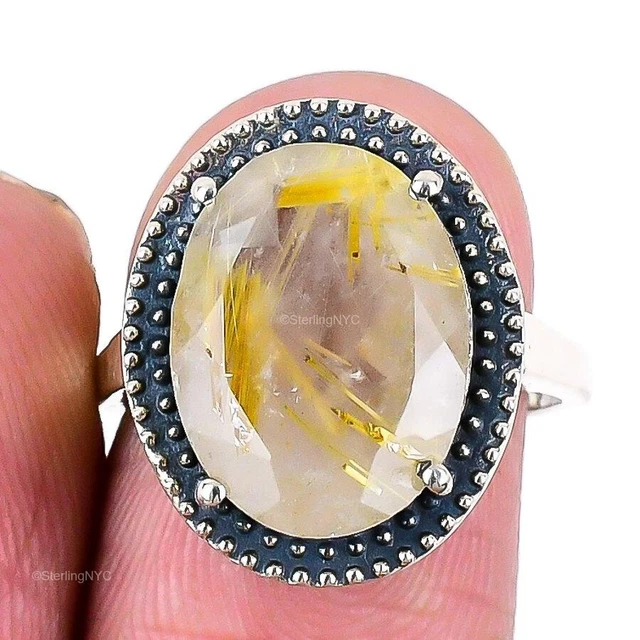 Bague Réglable En Plaqué Argent Avec Pierre Golden Rutile Ovale 60 Carats - Style Ethnique
