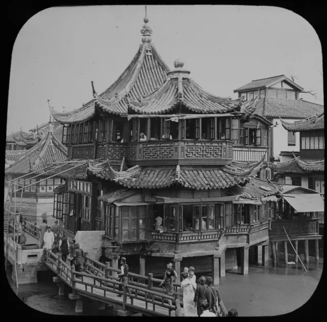 ANTIQUE Magic Lantern Slide HUXINTING TEA HOUSE SHANGHAI C1900 PHOTO CHINA