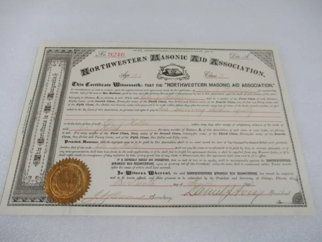 Masonic Certificate Northwestern Aid Association Membership Dated 1893