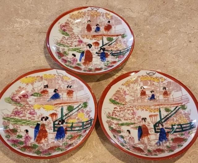 Set Of 3 Vintage Hand Painted Porcelain Japan Saucer Plate W/Geisha Girls