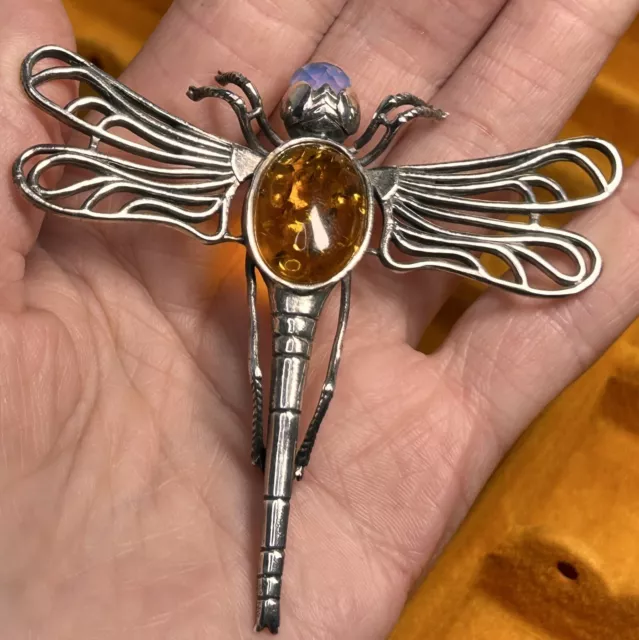 Vintage Large Pin Brooch Dragonfly 925 Sterling Silver Real Amber