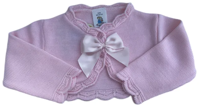 Baby Pink Knitted Cardigan Scallop Edge Bow Bridesmaid Bolero shrug 0-3-6-9 Mth