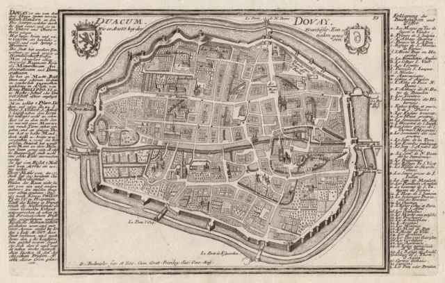 Douai Befestigungsgrundriss 1667 Original Kupferstich Bodenehr 1720