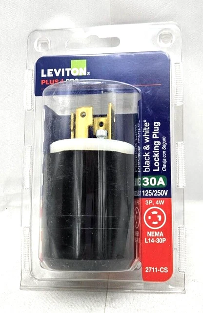 Leviton Plus+Pro Black & White Locking Plug 30A 125/250V 3P 4W 2711-CS NEW
