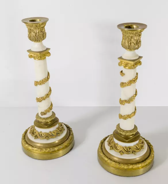 Antique Pair of French Empire Gilt Bronze and White Marble Candlesticks