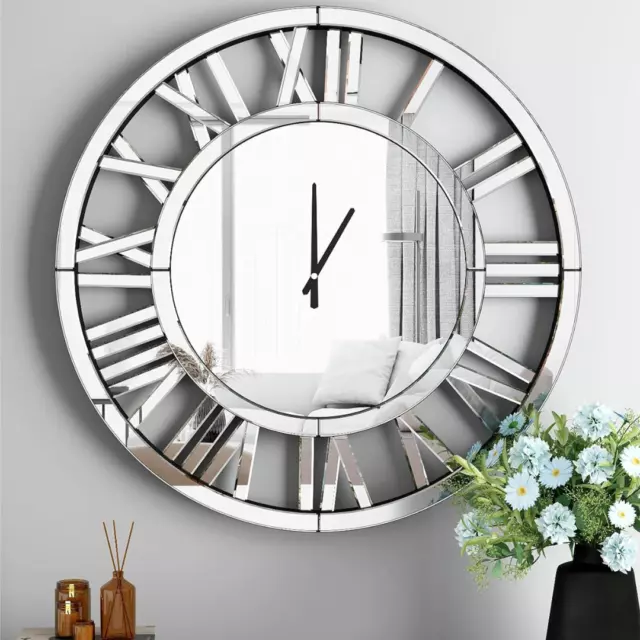 Large Round Mirror Clock 80cm x 80cm Stunning Bevelled Wall Mounted Mirrored RP